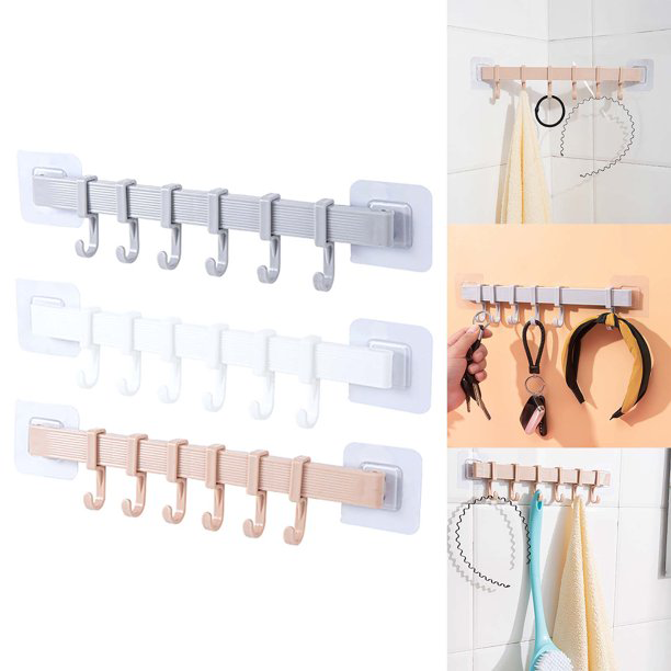 Multi-Purpose Adhesive Storage Hooks for Kitchen, Bathroom and Home Decor, Wall Corner Strong Adhesive Hook Kitchen Wall Hanging 6 Row Hook