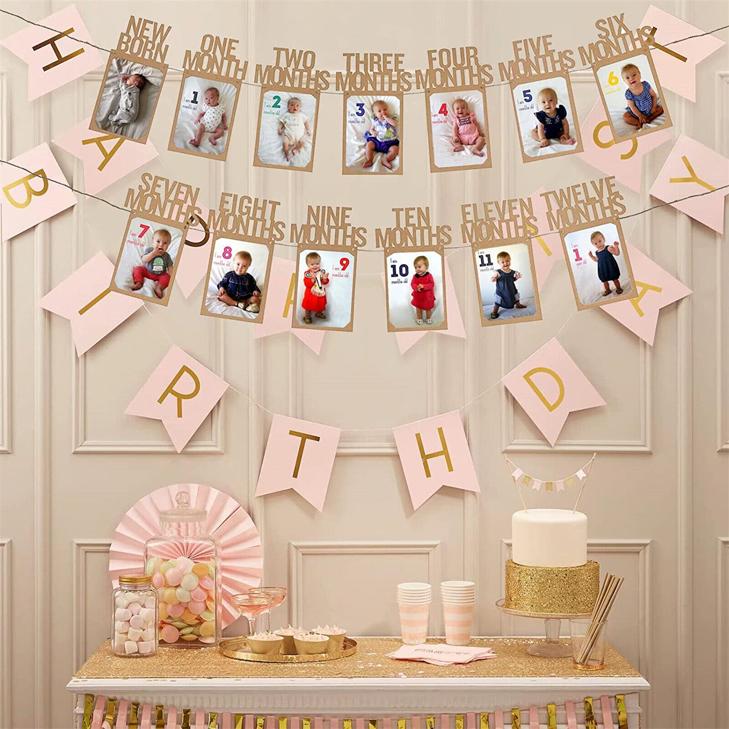 12 Months Baby Photo Banner, New Born 1st Birthday Baby Photo Banner, Party Decoration